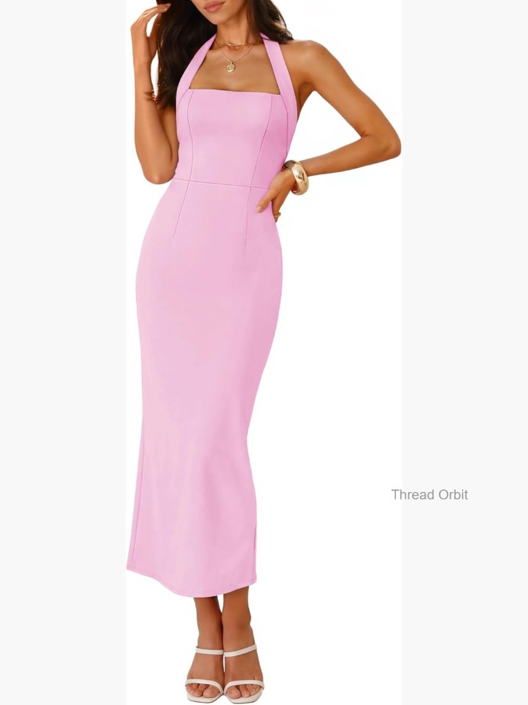 Sleeveless Midi Dress Halter Backless Formal Cocktail Wedding Guest
